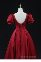 Wine Red Satin Bridesmaid Dresses Party Dresses, Tea Length Formal Prom Dresses