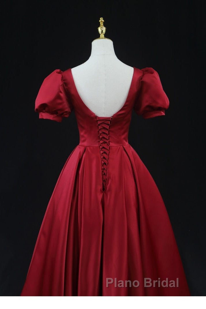 Wine Red Satin Bridesmaid Dresses Party Dresses, Tea Length Formal Prom Dresses