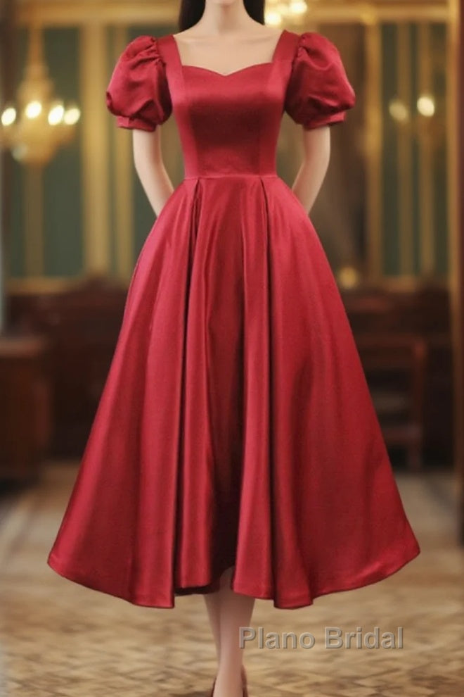 Wine Red Satin Bridesmaid Dresses Party Dresses, Tea Length Formal Prom Dresses Main image