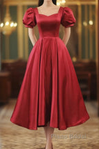 Wine Red Satin Bridesmaid Dresses Party Dresses, Tea Length Formal Prom Dresses