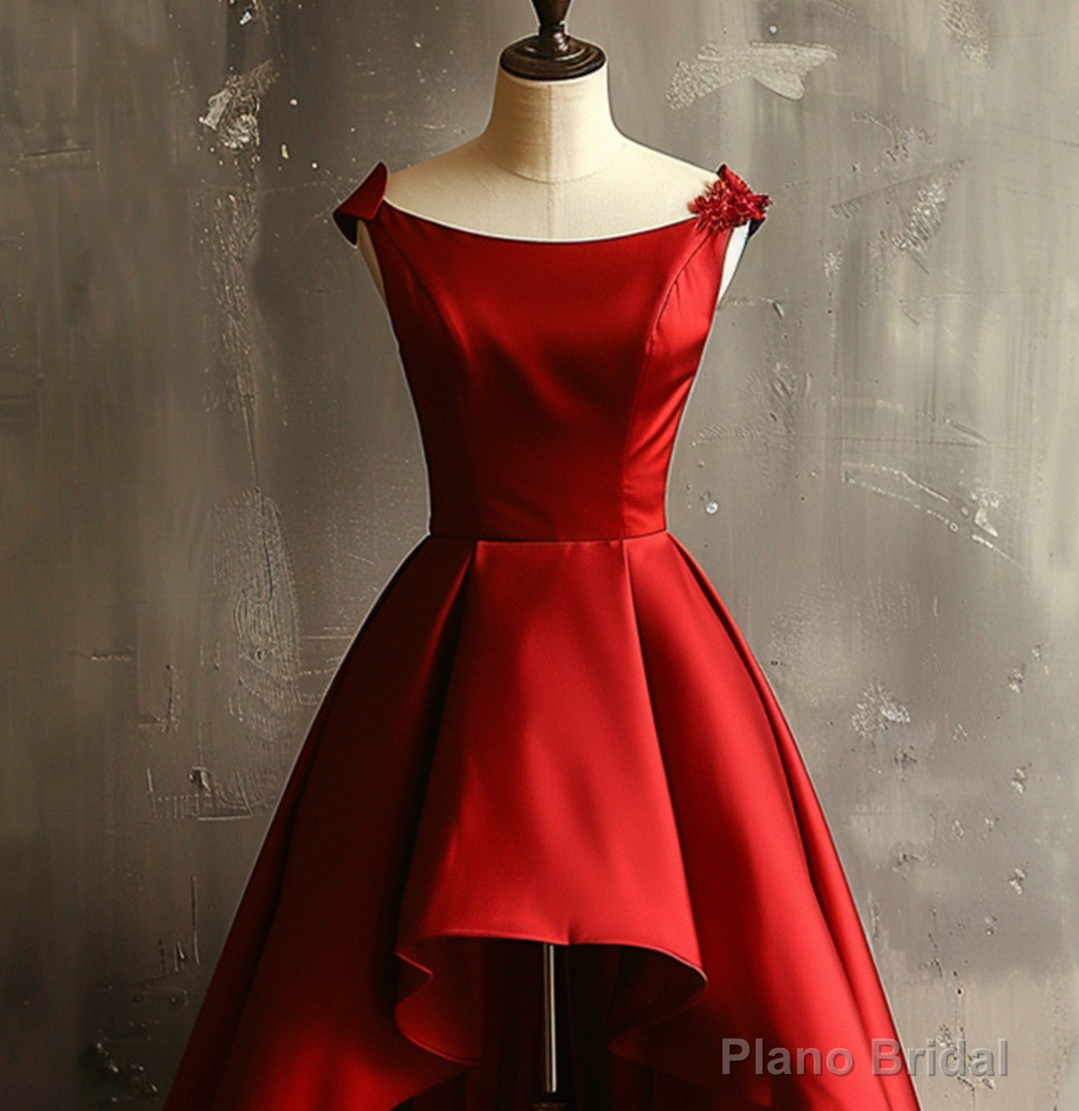 Wine Red Satin High Low Round Neckline Party Dress, Wine Red Homecoming Dress Secondary image