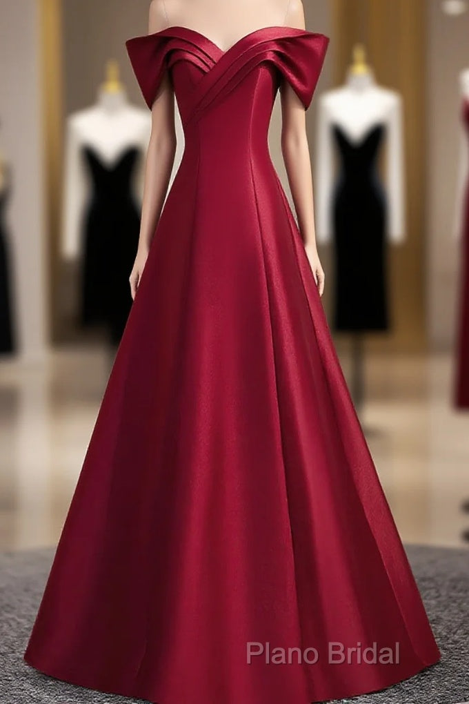 Wine Red Satin Long Party Dresses, A-Line Wine Red Satin Formal Prom Dresses Main image