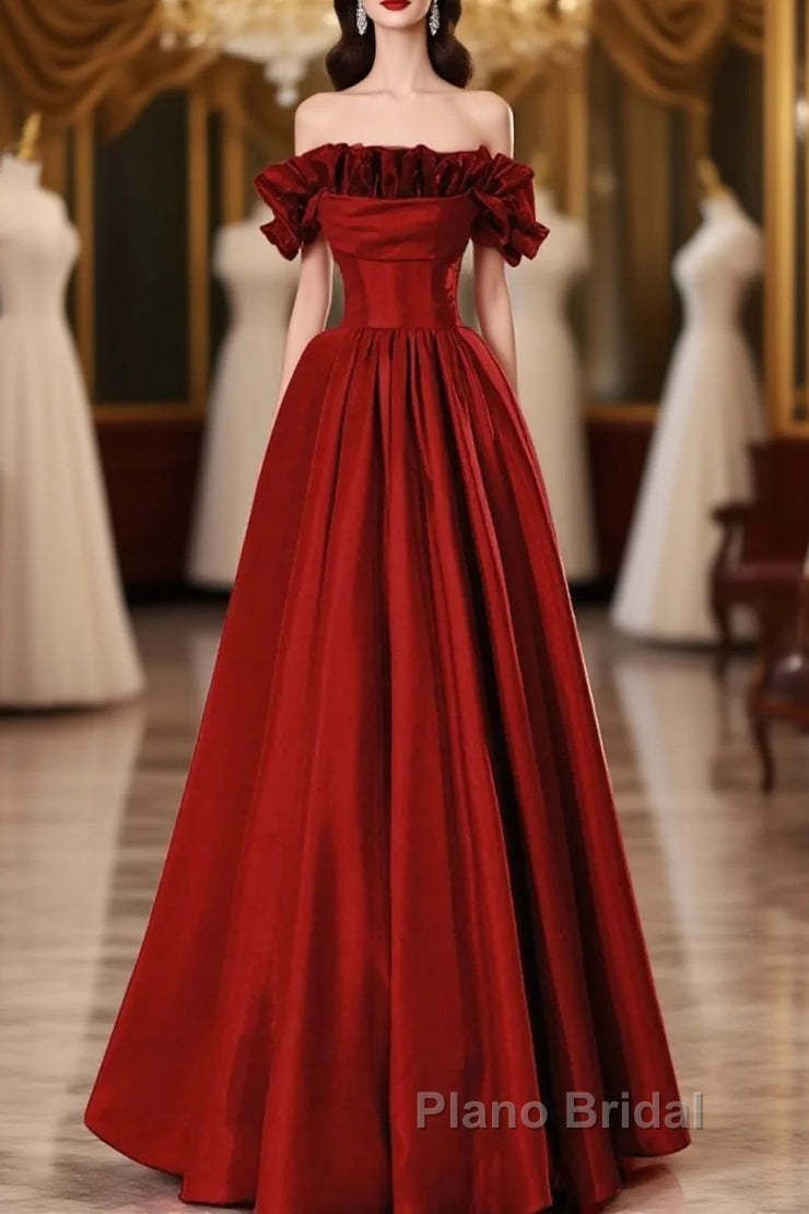 Wine Red Satin Long Formal Prom Dresses Party Dresses, Wine Red A-Line Long Wedding Party Dresses Main image