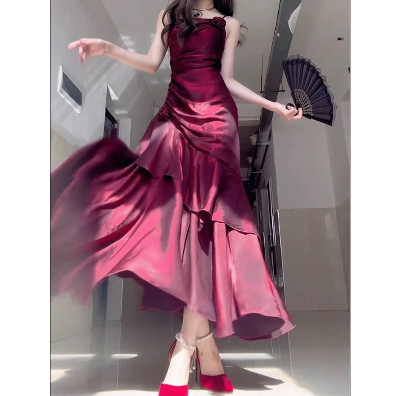 Wine Red Satin Long Straps Formal Prom Dresses Wine Red A-Line Party Dresses Secondary image