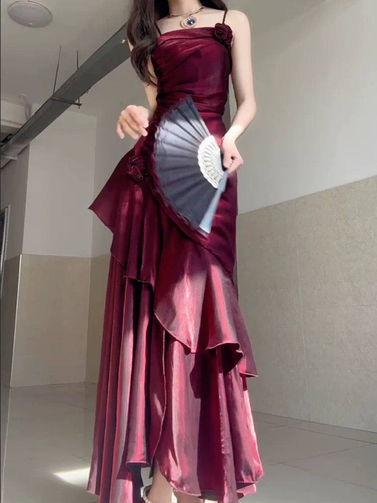 Wine Red Satin Long Straps Formal Prom Dresses Wine Red A-Line Party Dresses