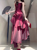 Wine Red Satin Long Straps Formal Prom Dresses Wine Red A-Line Party Dresses