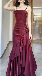 Wine Red Satin Long Straps Formal Prom Dresses Wine Red A-Line Party Dresses