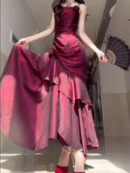 Wine Red Satin Long Straps Formal Prom Dresses Wine Red A-Line Party Dresses
