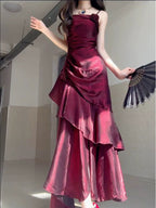 Wine Red Satin Long Straps Formal Prom Dresses Wine Red A-Line Party Dresses