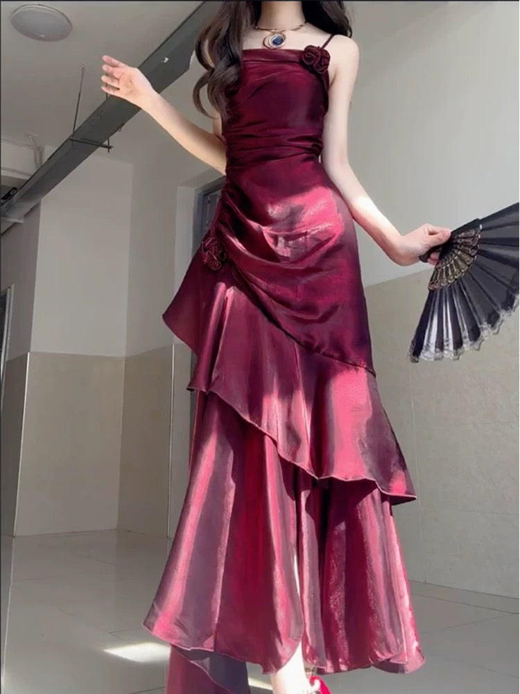 Wine Red Satin Long Straps Formal Prom Dresses Wine Red A-Line Party Dresses