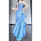 Wine Red Satin Long Straps Formal Prom Dresses Wine Red A-Line Party Dresses