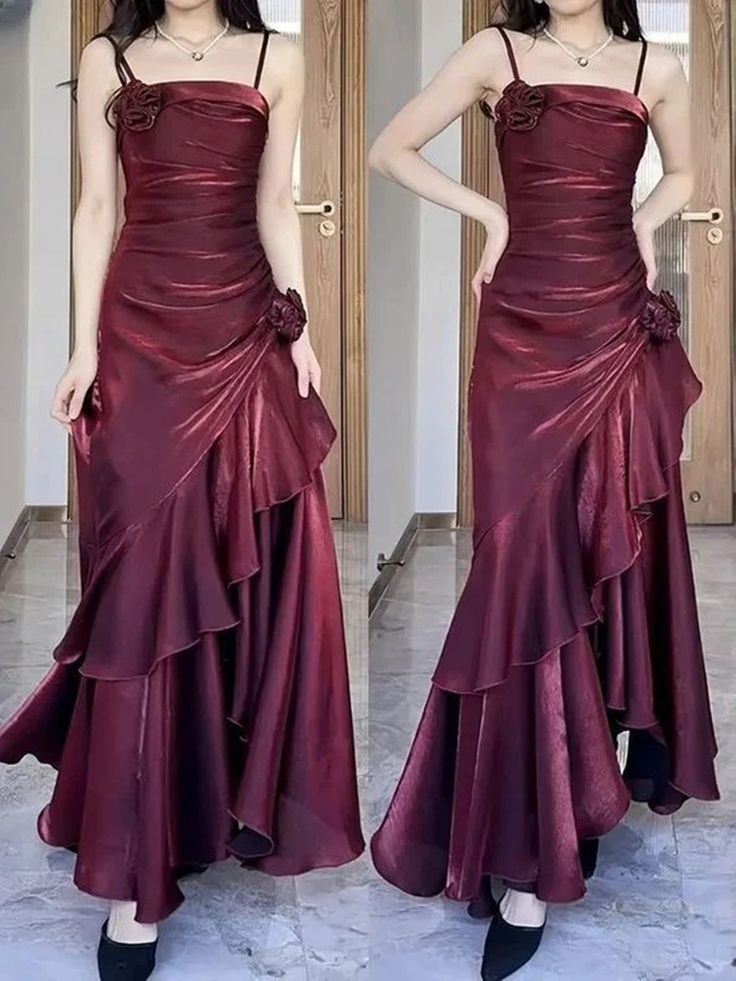 Wine Red Satin Long Straps Formal Prom Dresses Wine Red A-Line Party Dresses