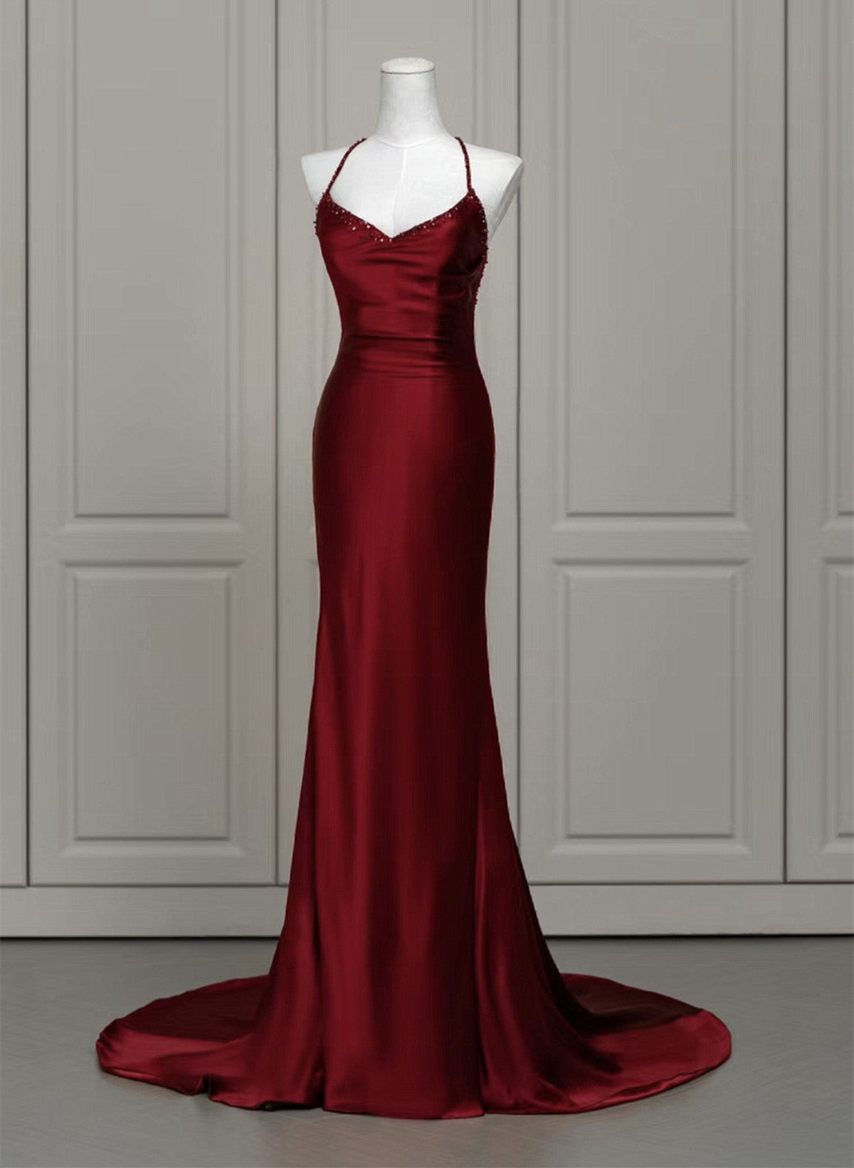 Wine Red Satin Mermaid Straps Low Back Formal Prom Dresses, Wine Red Formal Evening Dresses Main image