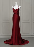 Wine Red Satin Mermaid Straps Low Back Formal Prom Dresses, Wine Red Formal Evening Dresses