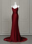 Wine Red Satin Mermaid Straps Low Back Formal Prom Dresses, Wine Red Formal Evening Dresses