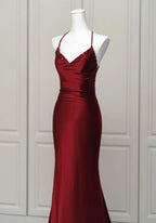 Wine Red Satin Mermaid Straps Low Back Formal Prom Dresses, Wine Red Formal Evening Dresses