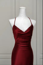 Wine Red Satin Mermaid Straps Low Back Formal Prom Dresses, Wine Red Formal Evening Dresses