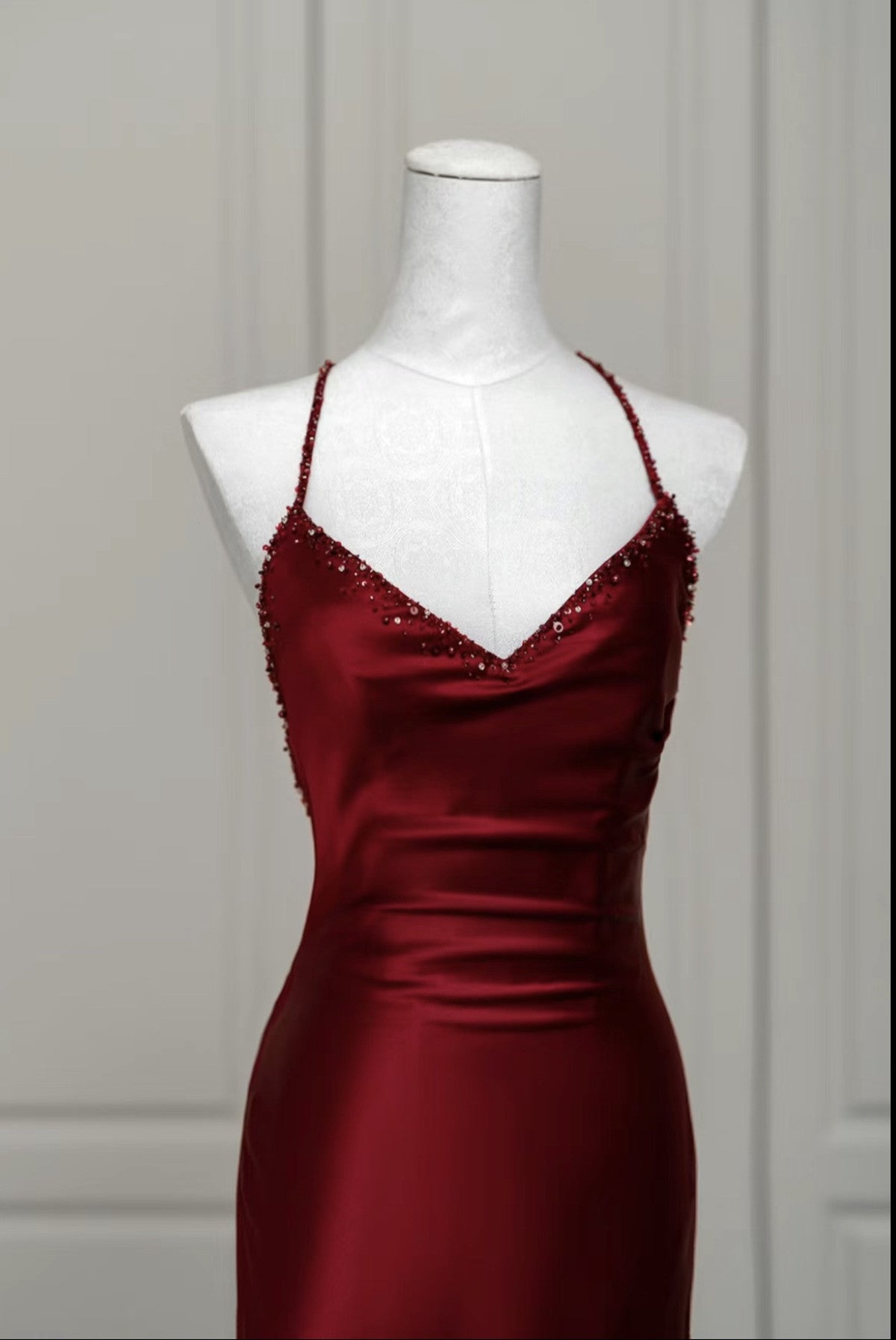 Wine Red Satin Mermaid Straps Low Back Formal Prom Dresses, Wine Red Formal Evening Dresses