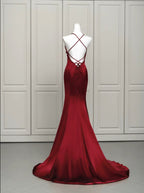 Wine Red Satin Mermaid Straps Low Back Formal Prom Dresses, Wine Red Formal Evening Dresses