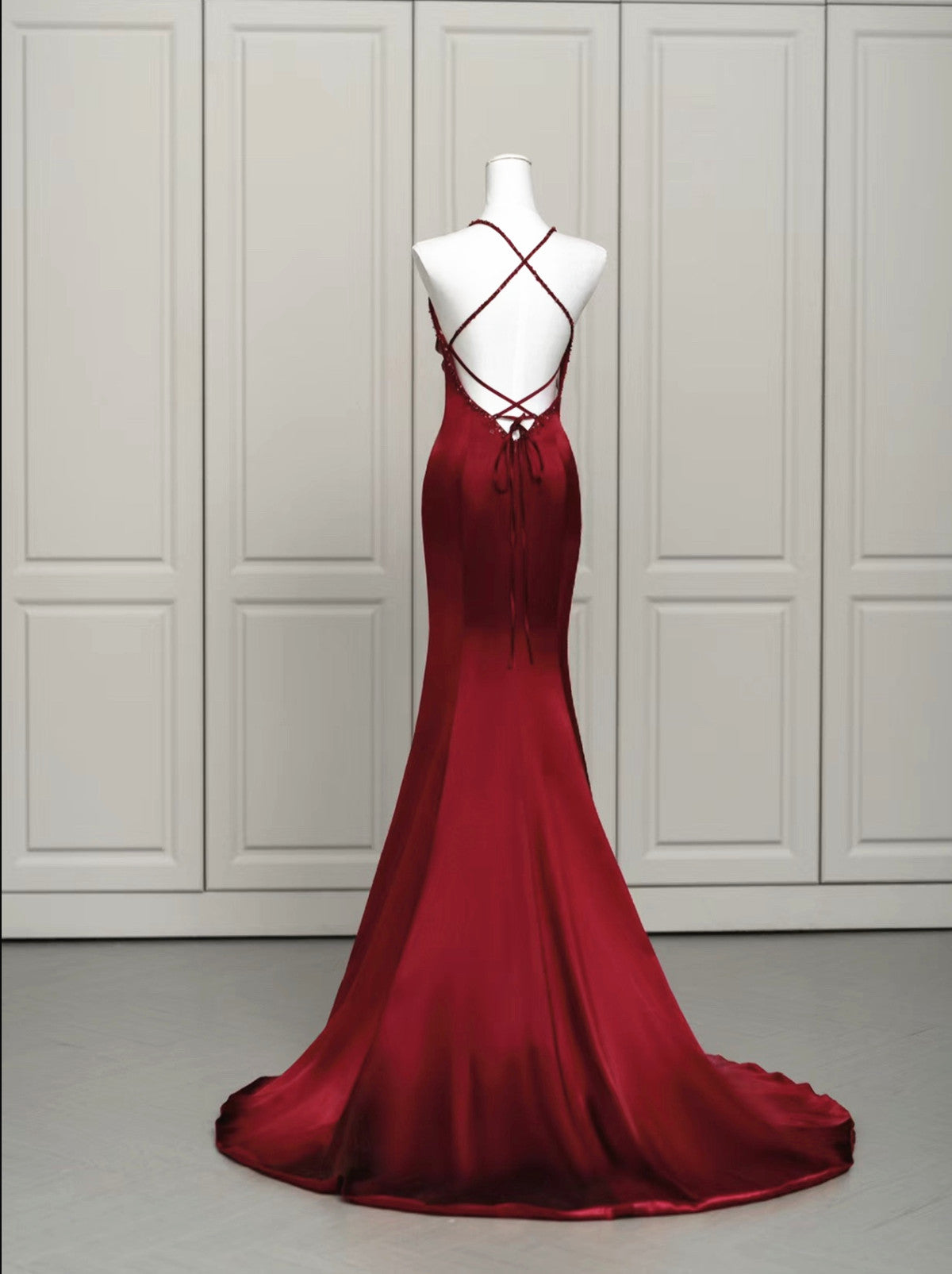 Wine Red Satin Mermaid Straps Low Back Formal Prom Dresses, Wine Red Formal Evening Dresses