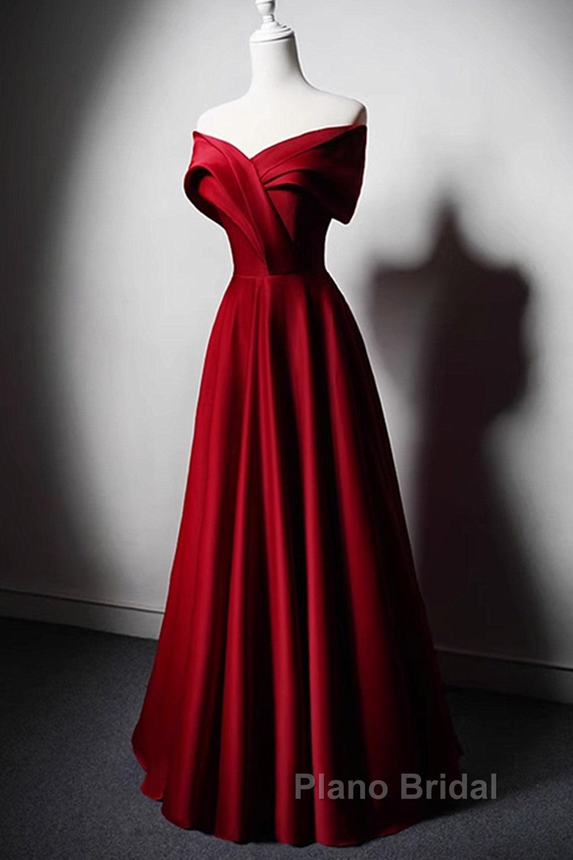 Wine Red Satin Off Shoulder A-Line Party Dresses, Wine Red Long Formal Dresses Formal Prom Dresses