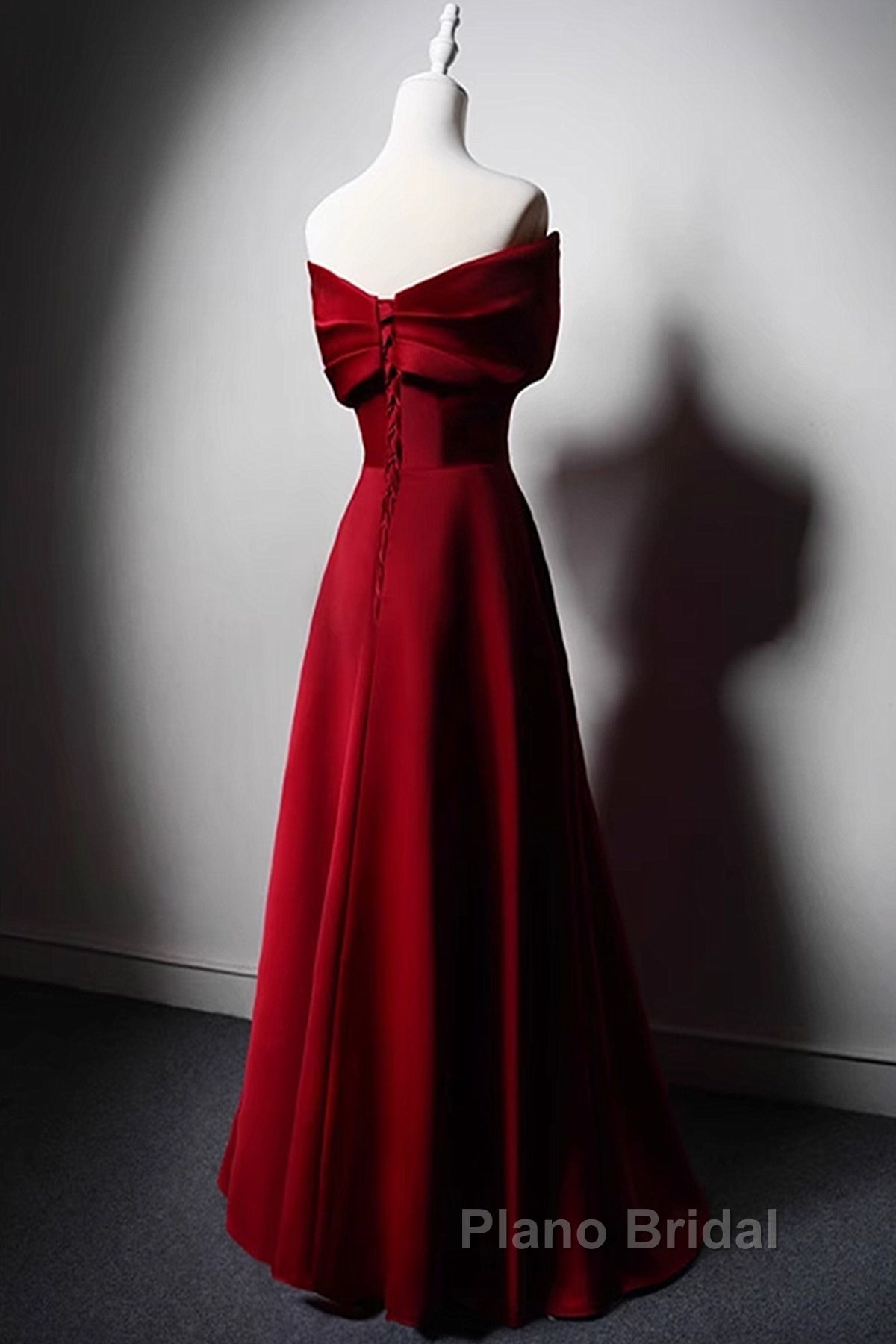 Wine Red Satin Off Shoulder A-Line Party Dresses, Wine Red Long Formal Dresses Formal Prom Dresses