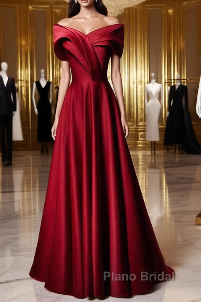 Wine Red Satin Off Shoulder A-Line Party Dresses, Wine Red Long Formal Dresses Formal Prom Dresses Main image