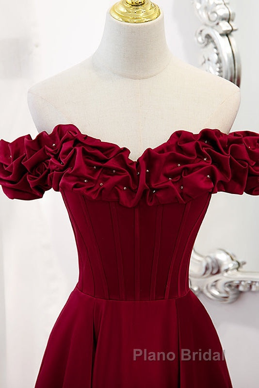 Wine Red Satin Off Shoulder Beaded Long Formal Dresses, Wine Red A-Line Formal Prom Dresses
