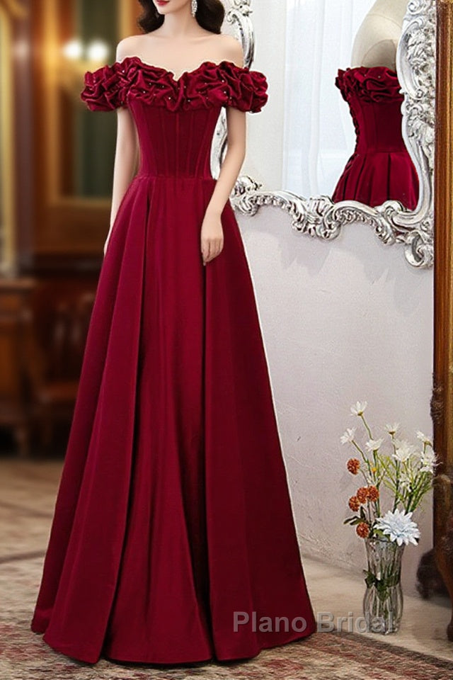 Wine Red Satin Off Shoulder Beaded Long Formal Dresses, Wine Red A-Line Formal Prom Dresses Main image