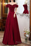 Wine Red Satin Off Shoulder Beaded Long Formal Dresses, Wine Red A-Line Formal Prom Dresses