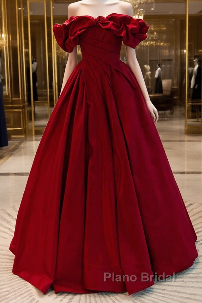 Wine Red Satin Off Shoulder Chic Long Party Dresses, Wine Red Sweetheart Formal Prom Dresses