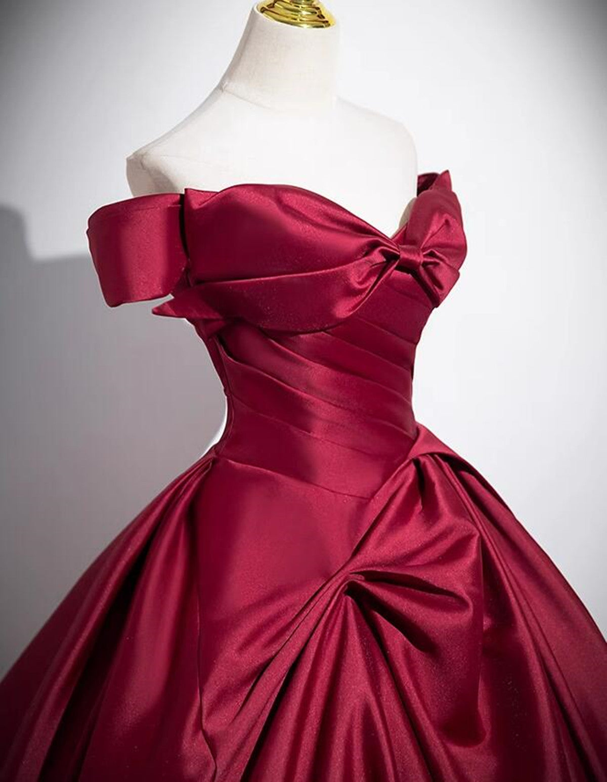 Wine Red Satin Off Shoulder Floor Length Party Dresses, Wine Red Long Formal Prom Dresses