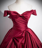 Wine Red Satin Off Shoulder Floor Length Party Dresses, Wine Red Long Formal Prom Dresses