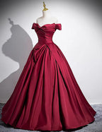 Wine Red Satin Off Shoulder Floor Length Party Dresses, Wine Red Long Formal Prom Dresses