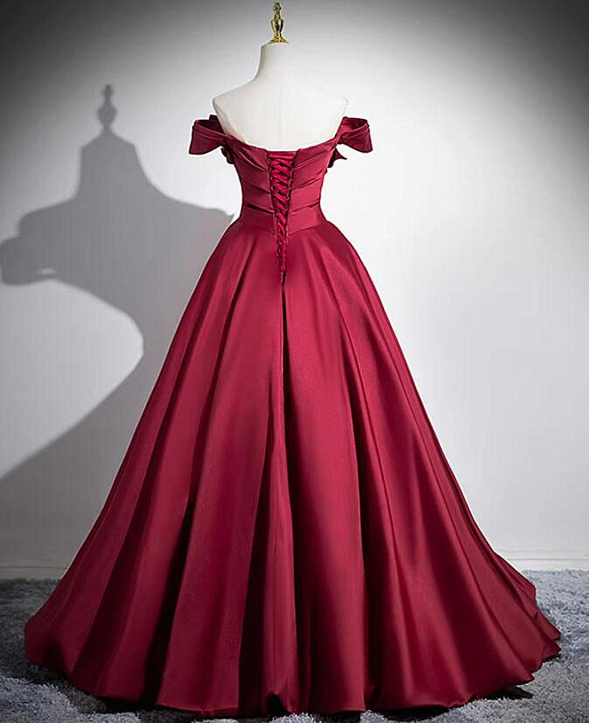 Wine Red Satin Off Shoulder Floor Length Party Dresses, Wine Red Long Formal Prom Dresses