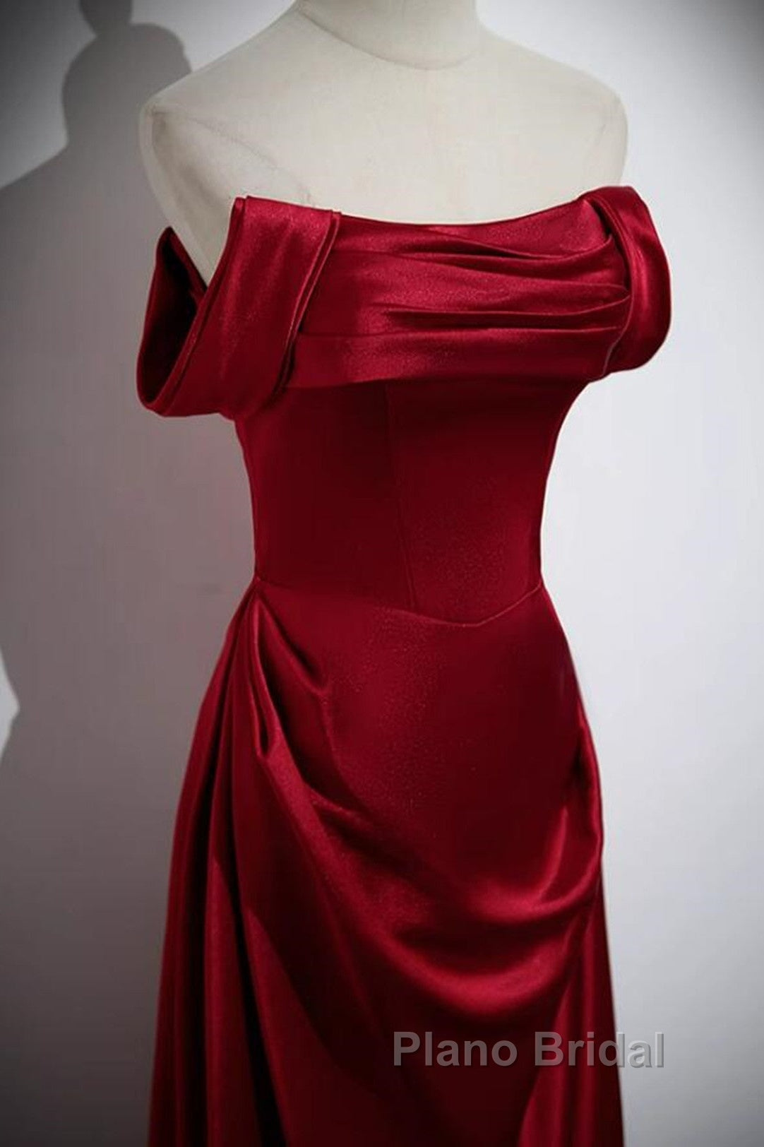 Wine Red Satin Off Shoulder Long Party Dresses, A-Line Satin Formal Prom Dresses Secondary image