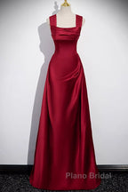 Wine Red Satin Off Shoulder Long Party Dresses, A-Line Satin Formal Prom Dresses