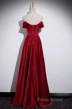 Wine Red Satin Off Shoulder Long Party Dresses, A-Line Satin Formal Prom Dresses