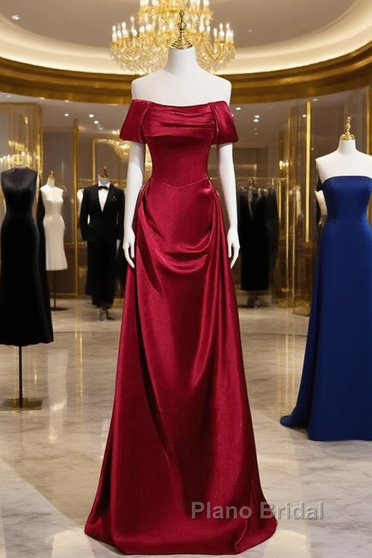 Wine Red Satin Off Shoulder Long Party Dresses, A-Line Satin Formal Prom Dresses