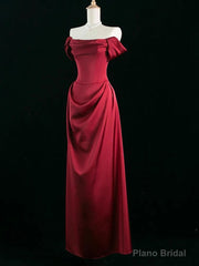 Wine Red Satin Off Shoulder Long Party Dress, Wine Red Satin Prom Dress