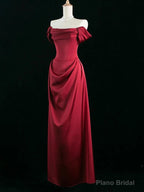 Wine Red Satin Off Shoulder Long Party Dress, Wine Red Satin Prom Dress