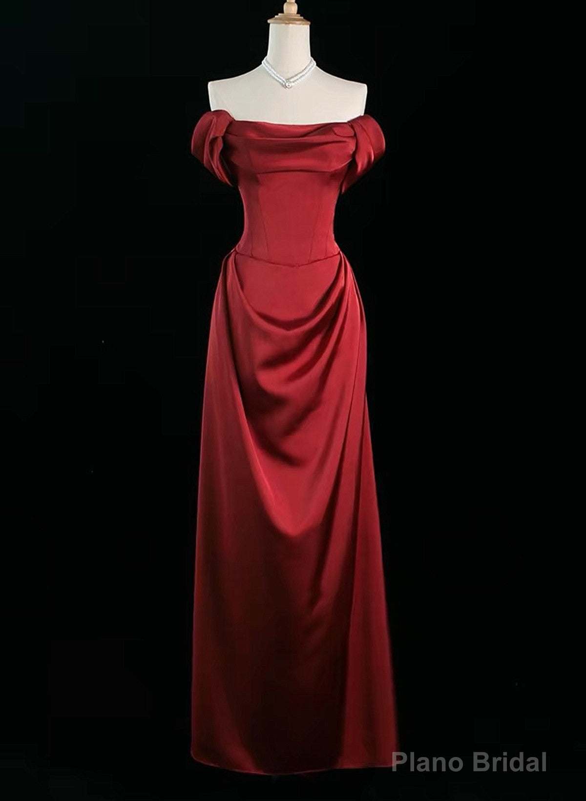 Wine Red Satin Off Shoulder Long Party Dress, Wine Red Satin Prom Dress Main image
