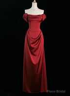 Wine Red Satin Off Shoulder Long Party Dress, Wine Red Satin Prom Dress