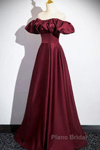 Wine Red Satin Off Shoulder Long Party Dresses, Wine Red Satin Formal Prom Dresses