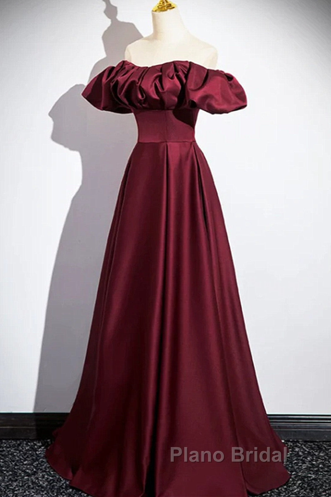 Wine Red Satin Off Shoulder Long Party Dresses, Wine Red Satin Formal Prom Dresses