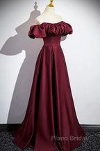 Wine Red Satin Off Shoulder Long Party Dresses, Wine Red Satin Formal Prom Dresses