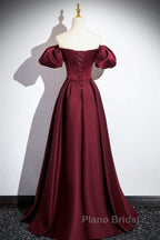 Wine Red Satin Off Shoulder Long Party Dresses, Wine Red Satin Formal Prom Dresses