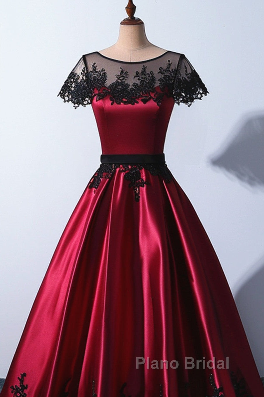 Wine Red Satin Round Neckline With Black Lace Party Dresses, Wine Red Formal Prom Dresses Secondary image