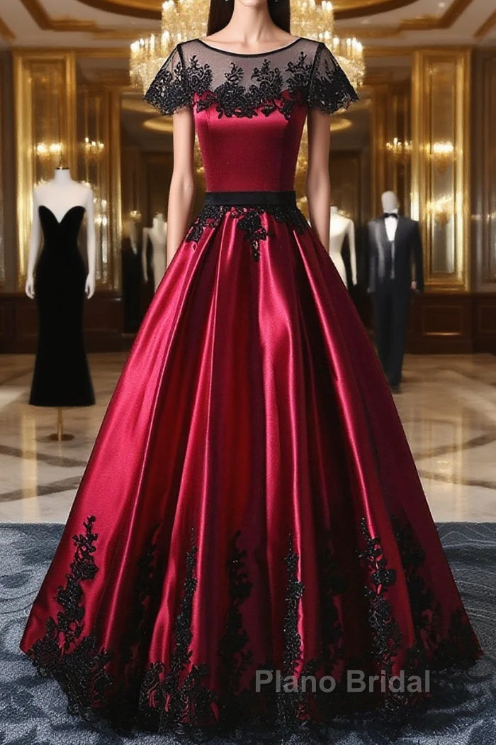 Wine Red Satin Round Neckline With Black Lace Party Dresses, Wine Red Formal Prom Dresses