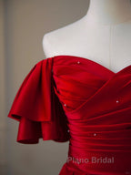 Wine Red Satin Short Sleeves Long Party Dresses, Wine Red Satin Formal Prom Dresses